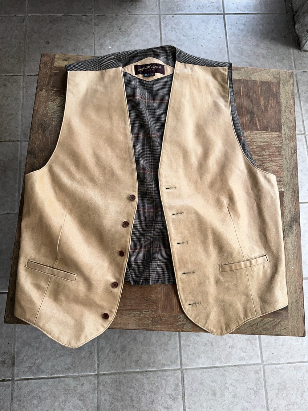 Vintage “Authentic” Tan Leather Vest with Plaid Lining Unisex
